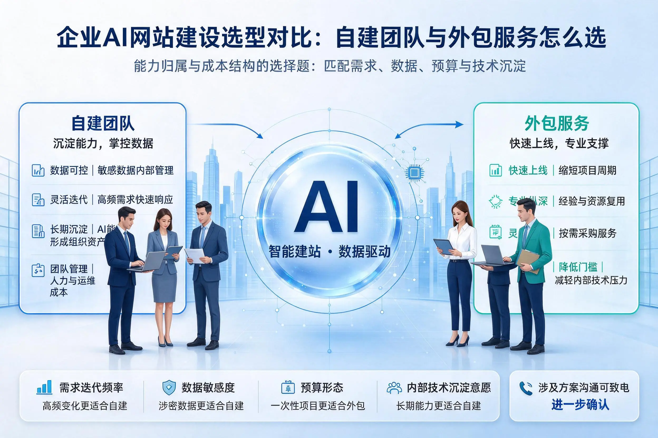 运城企业AI网站建设选型对比:自建团队与外包服务怎么选